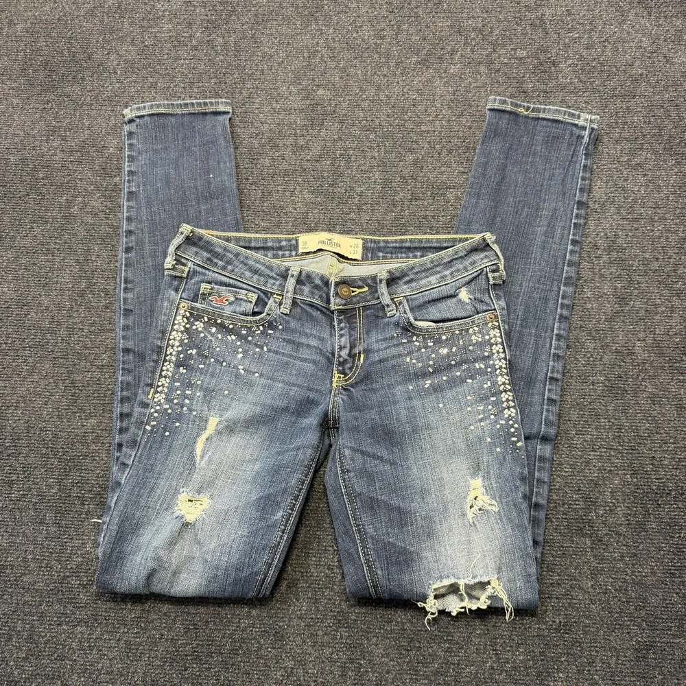 Hollister Jeans Juniors 3R Blue Low Rise Skinny Rhinestone Distressed 26x31